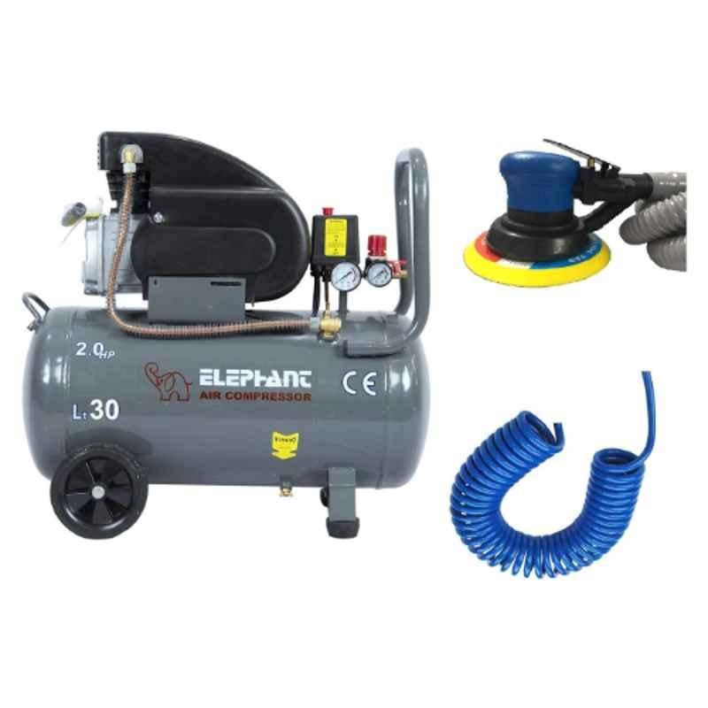 Elephant 30L 2 HP Air Compressor, AT-991 LA 6 inch Air Palm Sander & 10m PU Pipe Combo, AC30C-AT991LA