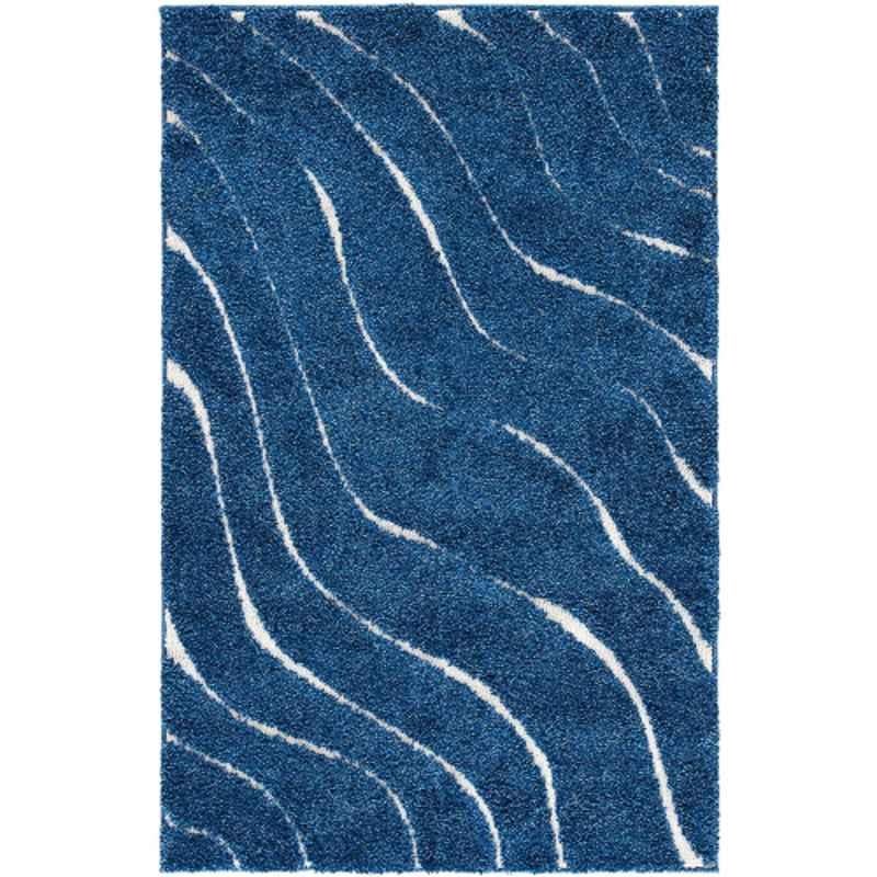 Carpetify 3x5ft Royal Blue & Cream Abstract Wavy Design Shaggy Carpet, 1224YR008TI