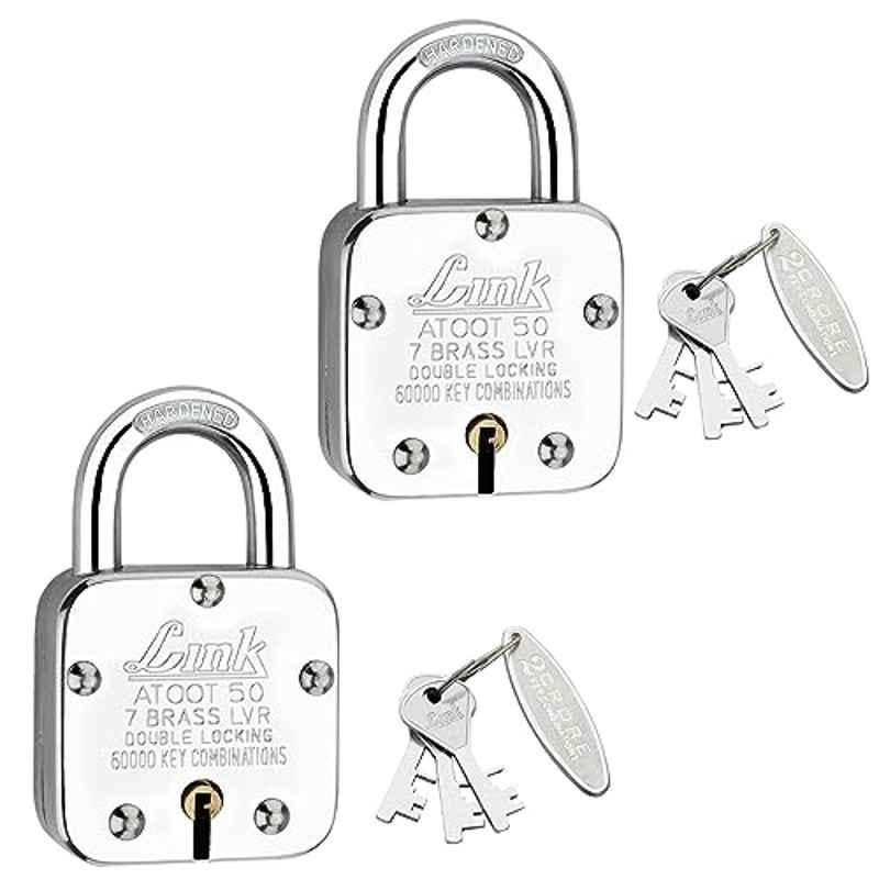 Link 50mm Steel Hardened Shackle Padlock with 7 Brass Lever, 3 Silver Keys & Free Key Hanger, Atoot 50 (Pack of 2)