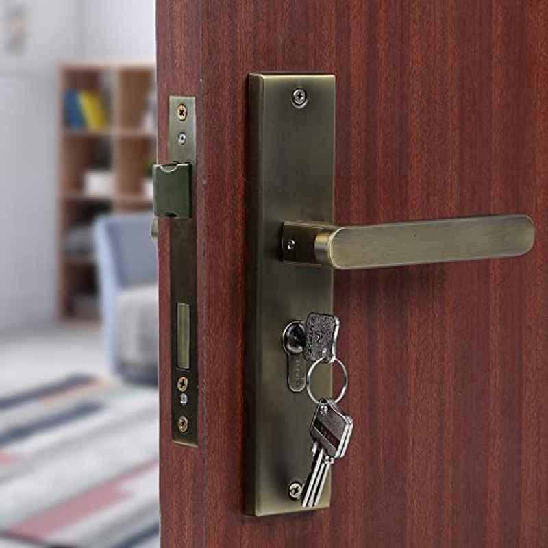Voltizi 8 inch Stainless Steel 304 Brass Finish Cylindrical Plate Mortise Door Lock Handle Set with Both Side Key, LB-304
