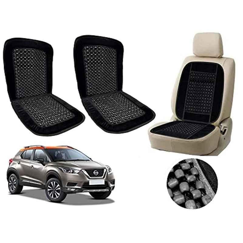 Auto Pearl PU, Velvet & Wooden Beads Black Rectangular Seat Cushion for Nissan Kicks (Pack of 2 )