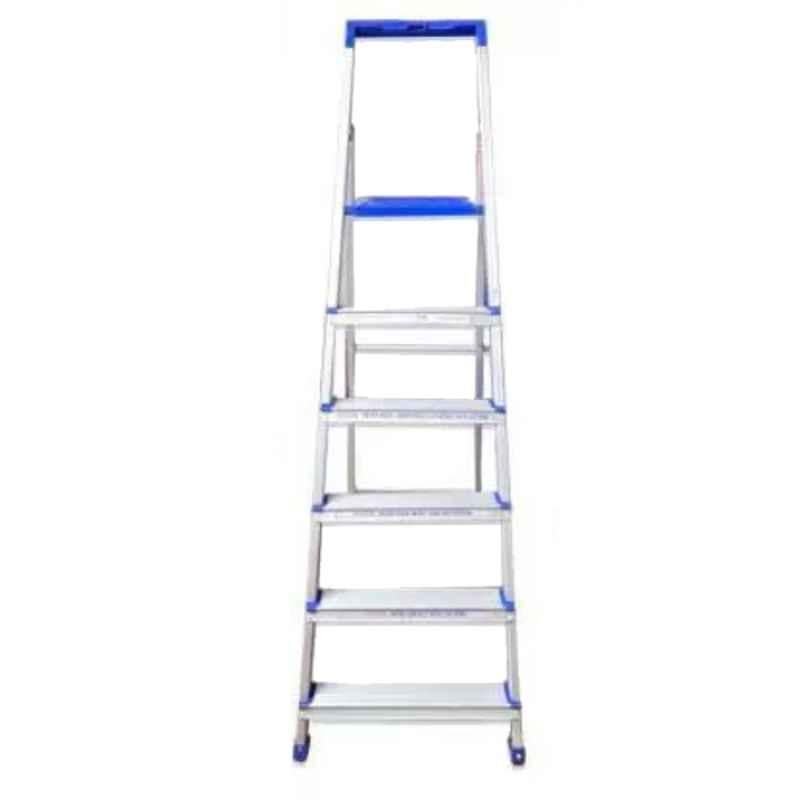 TNC Best 4U 160kg 6 Steps Aluminium & Plastic Silver & Blue Foldable Ladder with Platform & Hand Rail, 60045
