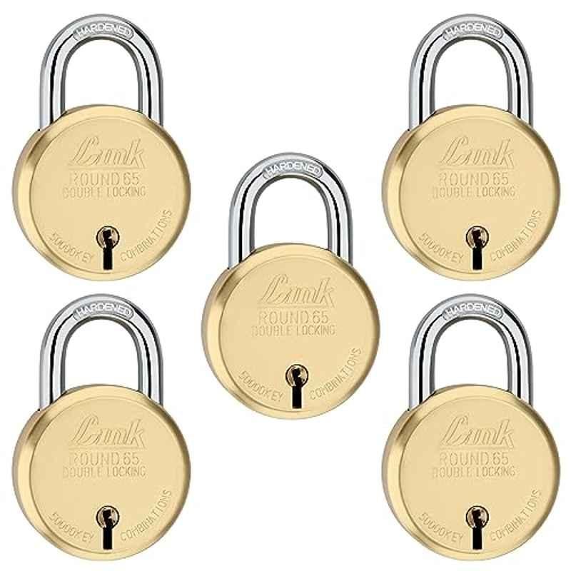 Link 65mm Brass Round Double Locking Padlock with 3 Silver Keys & Free Key Hanger (Pack of 5)