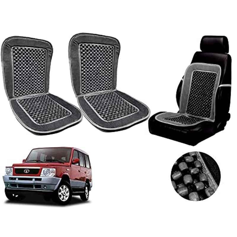 Auto Pearl PU, Velvet & Wooden Beads Grey Rectangular Seat Cushion for Tata Victa (Pack of 2 )