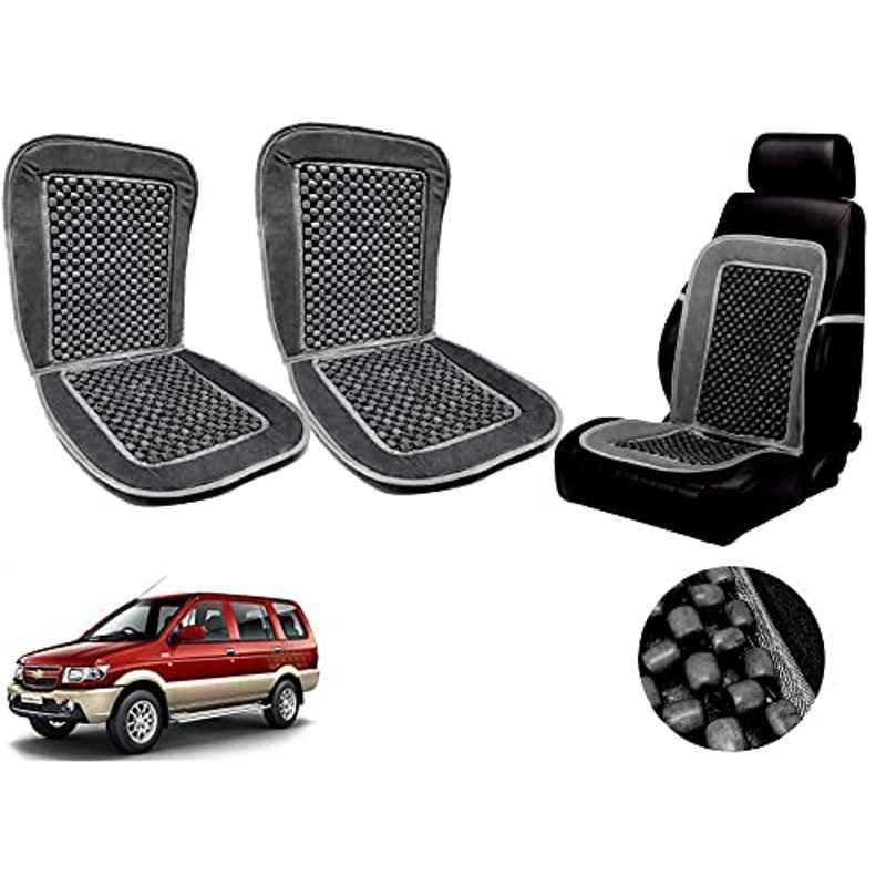 Auto Pearl PU, Velvet & Wooden Beads Grey Rectangular Seat Cushion for Chevrolet Tavera Type-1 (Pack of 2 )