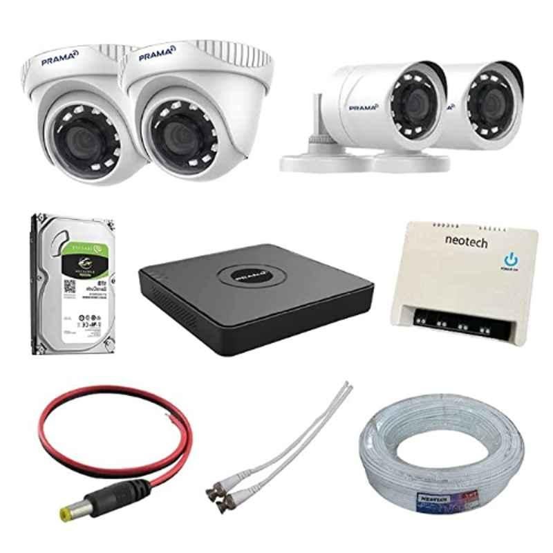 Prama 1MP 2 Pcs Bullet & 2 Pcs Dome CCTV Camera with 4 Channel DVR, 1TB Hard Disk & 70 m Wire Kit