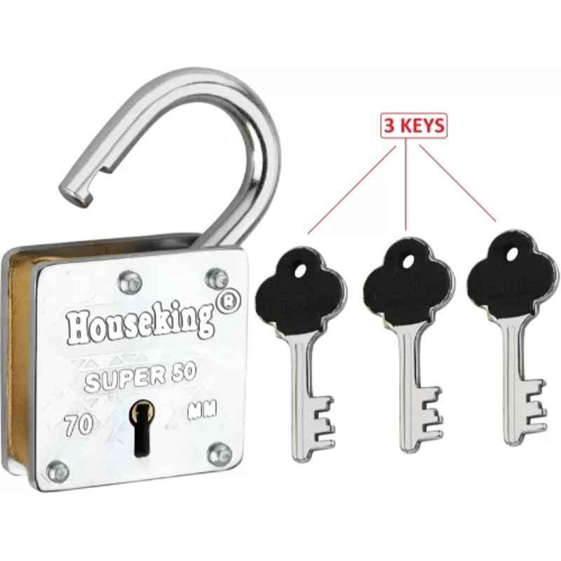 Houseking Super 50 70mm Iron & Brass Silver Padlock with 3 Keys
