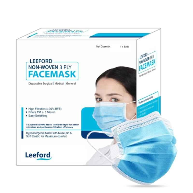 Leeford 3 Layer Non Woven Fabric Blue Disposable Surgical Face Mask (Pack of 50)