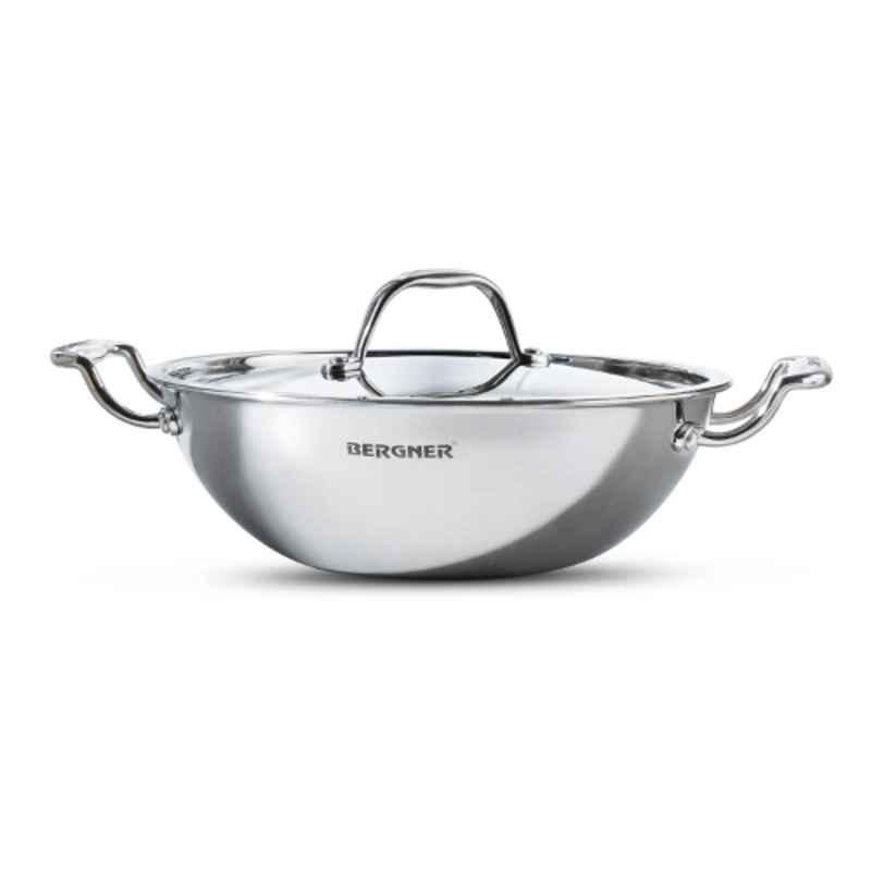 Bergner Argent Triply 22cm 2L Silver Stainless Steel Kadhai with Lid, BG-6349