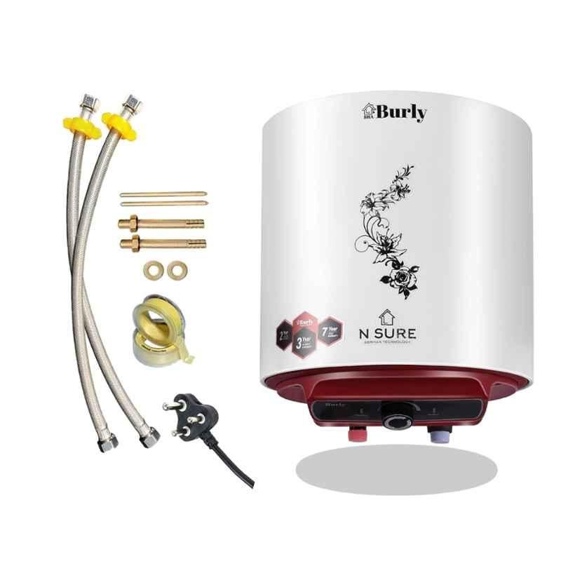 Burly N-SURE 10 Litre 2000W White & Maroon Storage Water Geyser with Installation Kits
