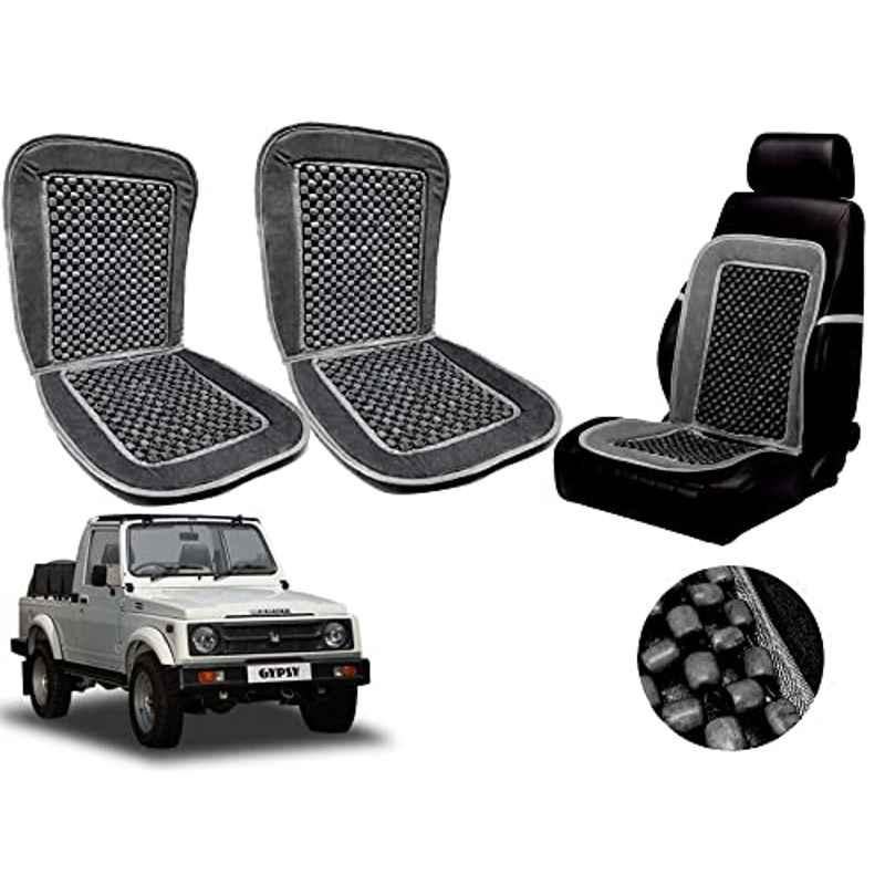 Auto Pearl PU, Velvet & Wooden Beads Grey Rectangular Seat Cushion for Maruti Suzuki Gypsy King (Pack of 2 )
