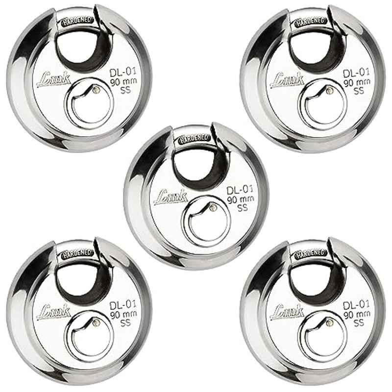Link 90mm Stainless Steel Hardened Shackle Round Padlock with 3 Silver Keys, DL-01-90 SS (Pack of 5)