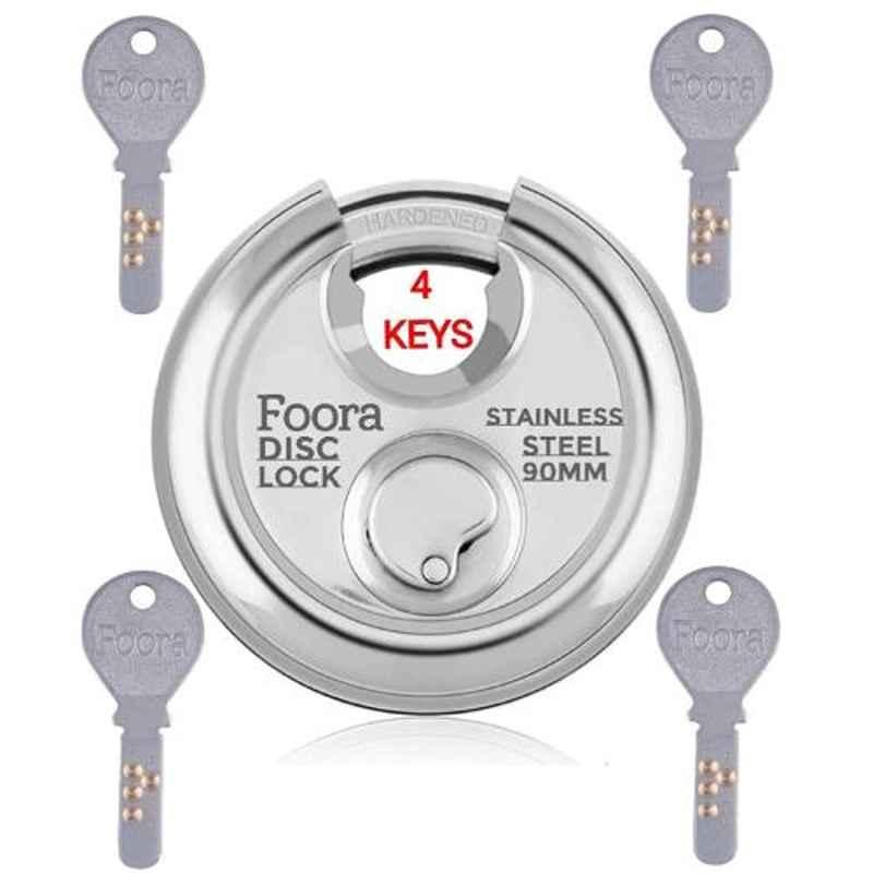 Foora 90mm Round Silver Disc with 4 Hi-Tech Brass Keys Hardened Shackle Padlock