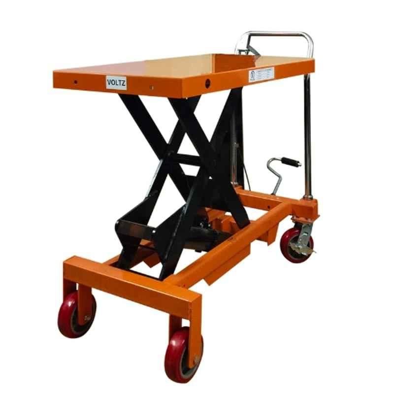 Voltz VZHT-1000 1000kg 900mm Orange Alloy Steel Manual Scissor Lift Table with 4 Wheels & Foot Pump
