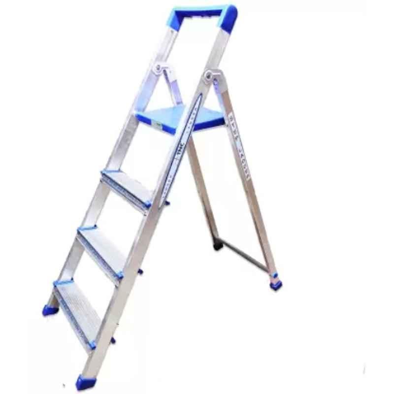 TNC 90kg 4 Steps  Aluminium & Plastic Silver & Blue Foldable Ladder with Platform & Hand Rail, SL-0163