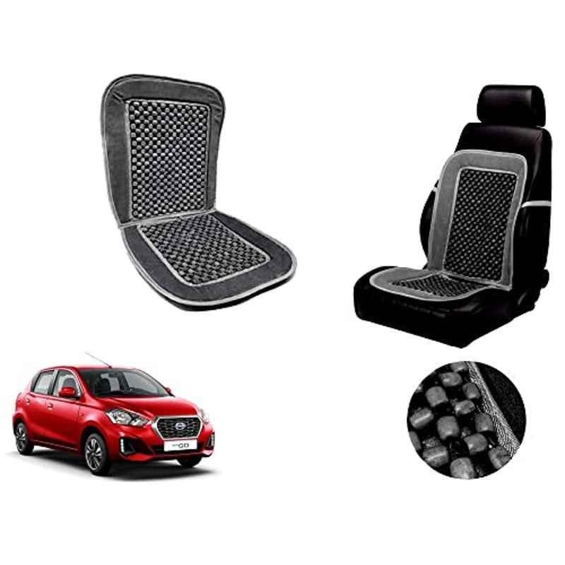Auto Pearl PU, Velvet & Wooden Beads Grey Rectangular Seat Cushion for Datsun Go