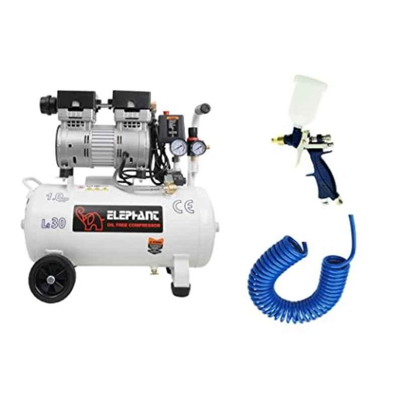 Elephant 1HP 30L Oil Free Air Compressor with Copper Winding Motor Spray Gun PU Pipe & Fittings Set with 6 Months Warranty, AC30DC-PS03