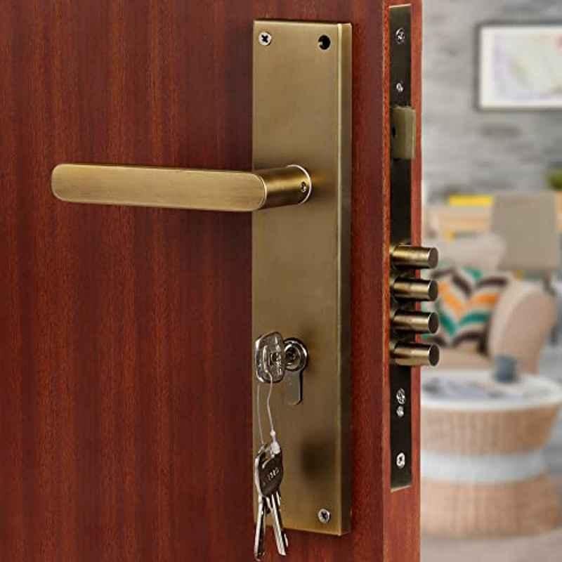 Saze 10 inch Stainless Steel Antique Brass Finish Cylindrical Plate 4 Bullet Pin Mortise Door Lock Handle Set with 3 Computer Keys, Mg304