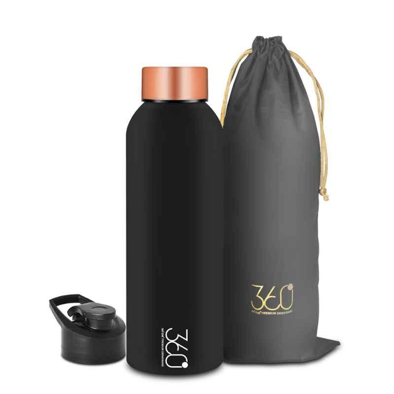 360 Love Aqua 1L Stainless Steel Single Wall Black Water Bottle (Pack of 3)