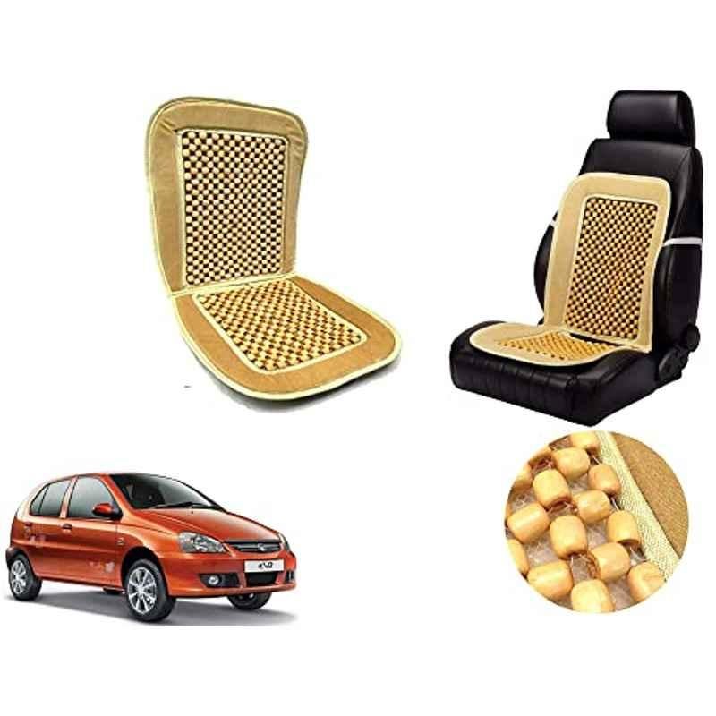 Auto Pearl PU, Velvet & Wooden Beads Beige Rectangular Seat Cushion for Tata Indica