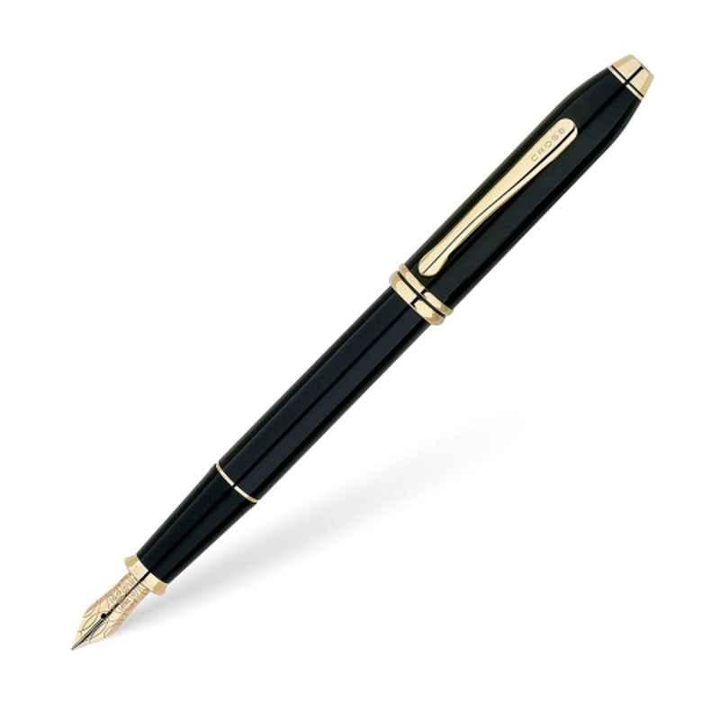 Cross Townsend Black Ink Classic Black Lacquer & Gold Trim Finish Fountain Pen with 2 Pcs Black Pen Cartridges Set, 576-MD