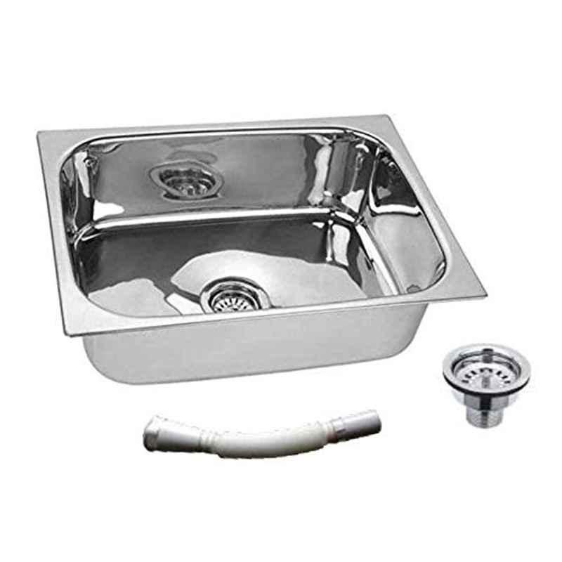 Jindal 24x18x8 inch Stainless Steel Glossy Silver Single Bowl Kitchen Sink with Coupling & PVC Waste Pipe