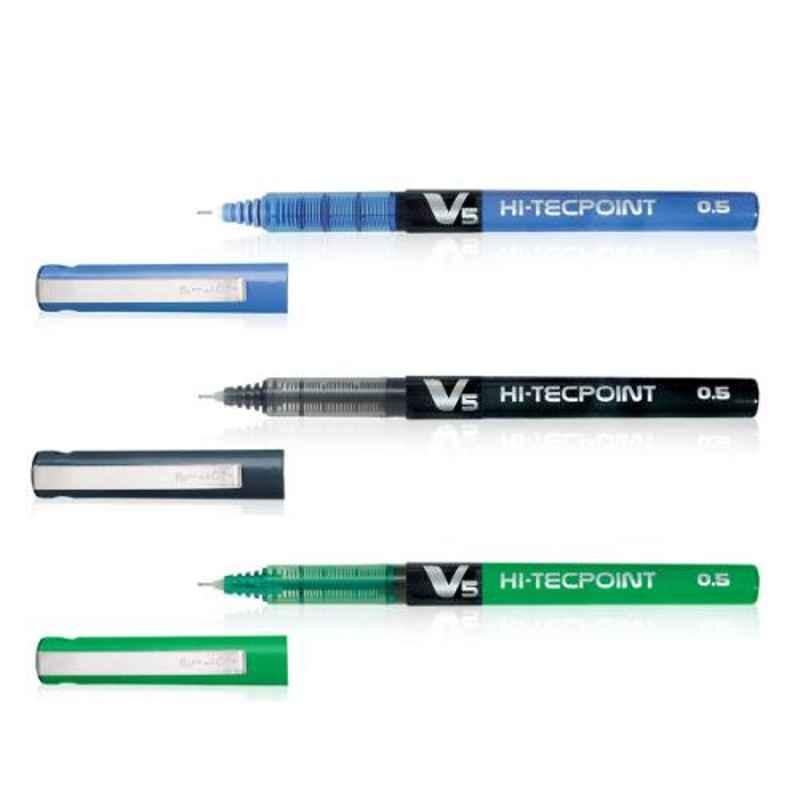 Pilot V5 Hi-Tecpoint Blue, Black & Green Liquid Ink Roller Ball Pen Set