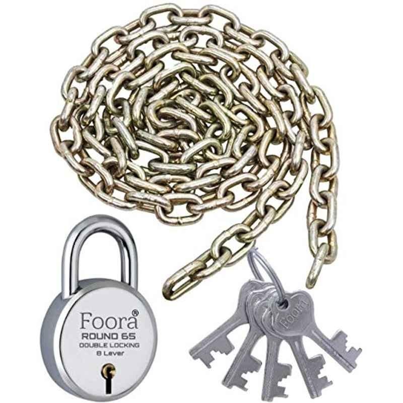 Foora 3ft Silver Heavy Iron Double Locking Chain Lock with 5 Keys, Round 65