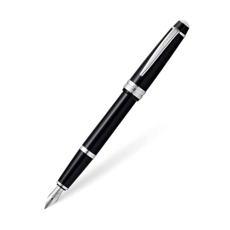 Cross Bailey Black Ink Black Resin & Chrome Trim Finish Fountain Pen with 2 Pcs Black Pen Cartridges Set, AT0746-1XS