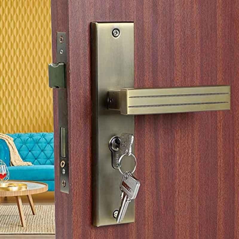 Voltizi Altroz 8 inch Stainless Steel Antique Brass Finish 304 Cylindrical Plate Mortise Door Lock Handle Set with Both Side Key
