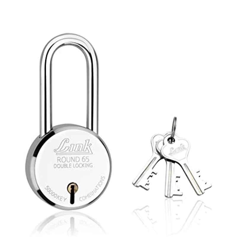 Link 65mm Steel Round Double Locking Padlock with Long Shackle, Iron Liver & 3 Silver Keys