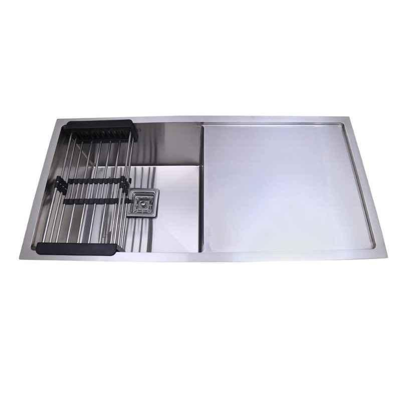 Happy Homes 37x18x10 inch Matte Satin Finish 304 Stainless Steel Single Bowl Kitchen Sink with Drainboard, HH-08