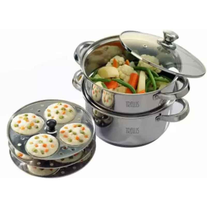 Maple Trellis 22cm 2-Tier Stainless Steel Silver Multi-Purpose Steamer with Glass Lid, 84SS253