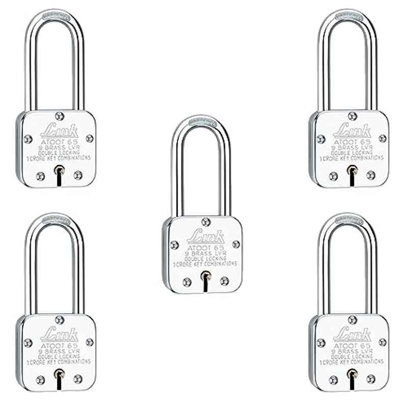 Link 65mm Steel Long Hardened Shackle Padlock with 9 Brass Lever, 3 Silver Keys, Keychain & Free Key Hanger, Atoot 65 LS (Pack of 5)