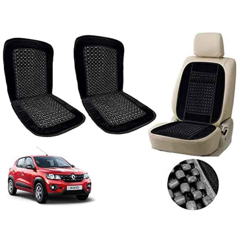 Auto Pearl PU, Velvet & Wooden Beads Black Rectangular Seat Cushion for Renault Kwid 2018 (Pack of 2 )