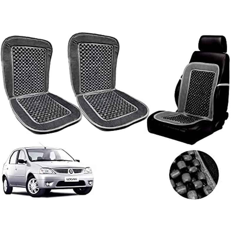 Auto Pearl PU, Velvet & Wooden Beads Grey Rectangular Seat Cushion for Mahindra Renault Logan (Pack of 2 )