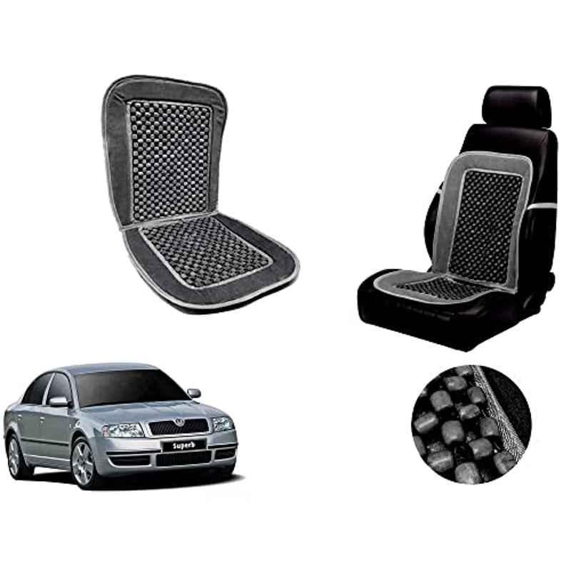 Auto Pearl PU, Velvet & Wooden Beads Grey Rectangular Seat Cushion for Skoda Superb