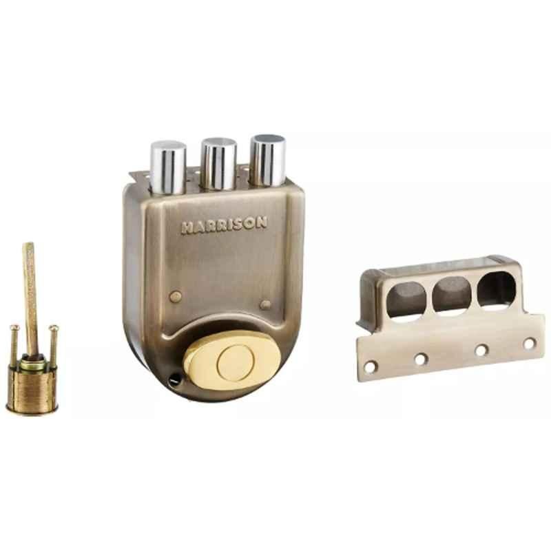 Harrison Iron Shield Tri Bolt Main Door Surface Mounted Rim Lock with 14 Pin 4 Keys Silver, H-0591