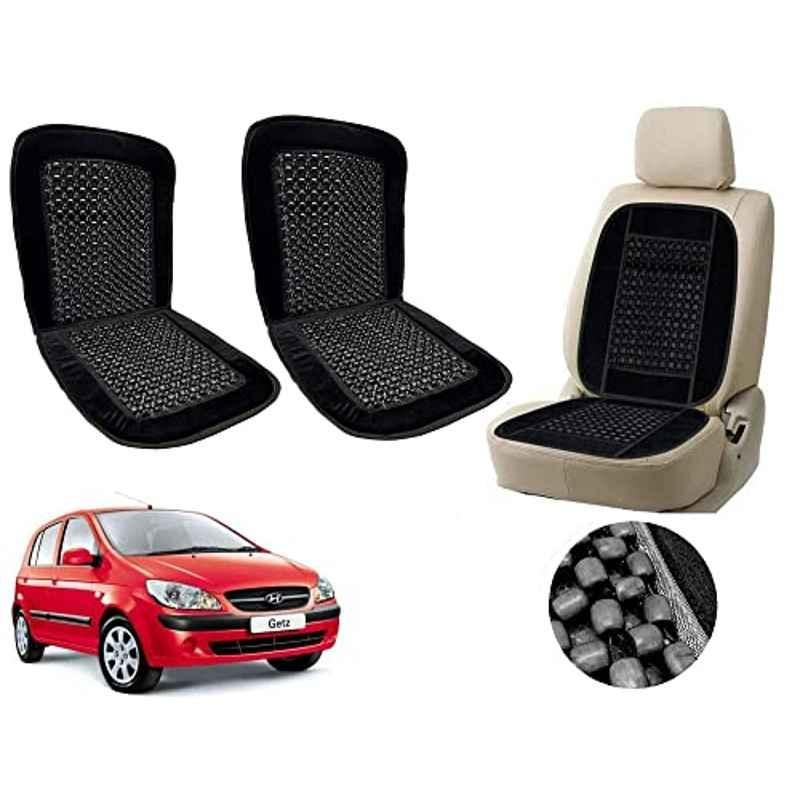 Auto Pearl PU, Velvet & Wooden Beads Black Rectangular Seat Cushion for Hyundai Getz (Pack of 2 )