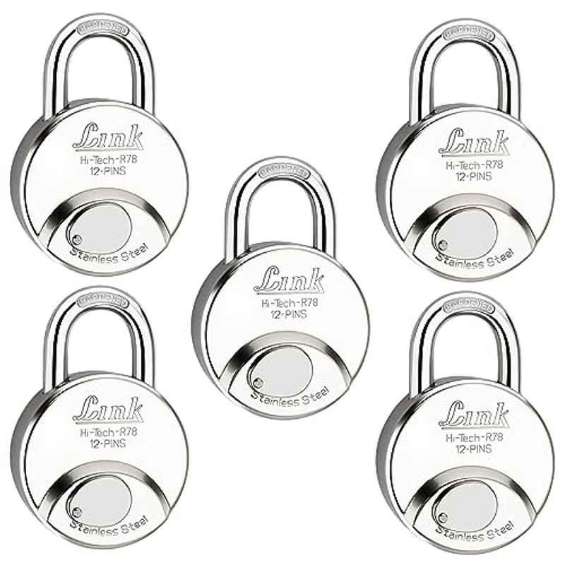 Link 78mm Stainless Steel Hardened Shackle Round Padlock with 3 Silver Keys & Free Key Hanger, HT-R78-SS (Pack of 5)