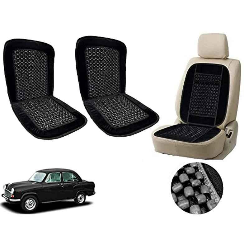Auto Pearl PU, Velvet & Wooden Beads Black Rectangular Seat Cushion for Hindustan Ambassador (Pack of 2 )