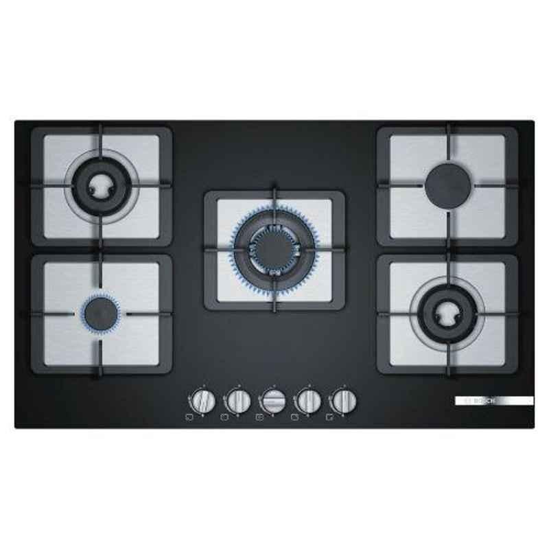 Bosch Serie-4 90cm 5 Burner Black Steel & Glass Gas Hob with Auto Ignition Knob, PPI9S6F20I