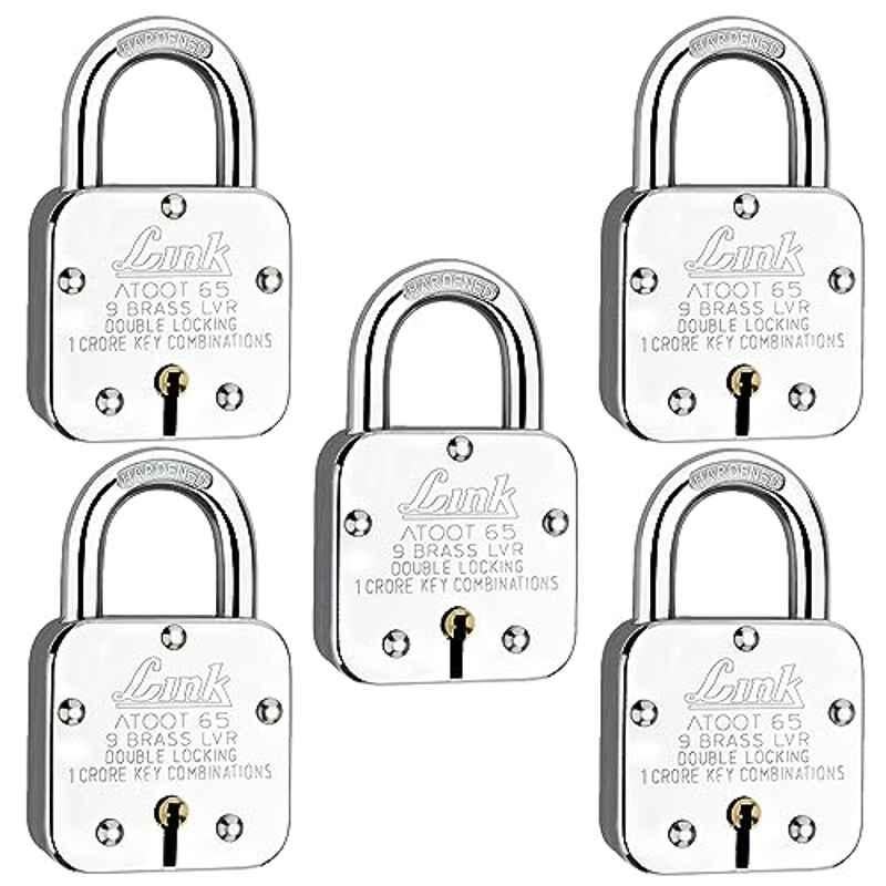 Link 65mm Steel Long Hardened Shackle Padlock with 9 Brass Lever, 3 Silver Keys & Keychain, Atoot 65 (Pack of 5)