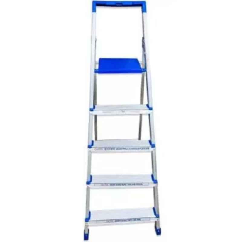 TNC Best 4U 130kg 5 Steps Aluminium & Plastic Silver & Blue Foldable Ladder with Platform & Hand Rail, 5SL-N005006