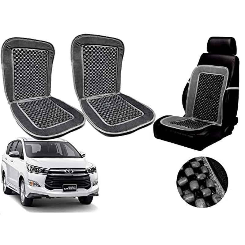 Auto Pearl PU, Velvet & Wooden Beads Grey Rectangular Seat Cushion for Toyota Innova Crysta (Pack of 2 )