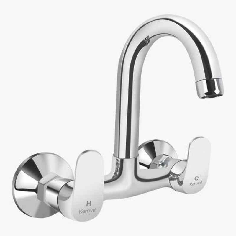 Kerovit Edge Silver Chrome Finish Wall Mounted Sink Mixer with Swivel Spout & Flanges, KB1211024