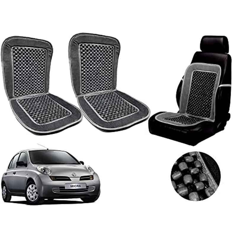 Auto Pearl PU, Velvet & Wooden Beads Grey Rectangular Seat Cushion for Nissan Micra (Pack of 2 )