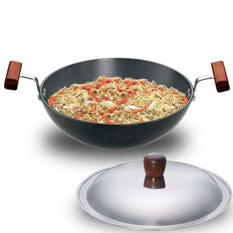 Hawkins Futura 22cm 1.5L Black Hard Anodised Round Bottom Deep-Fry Pan with Stainless Steel Lid, HK-KW-L19