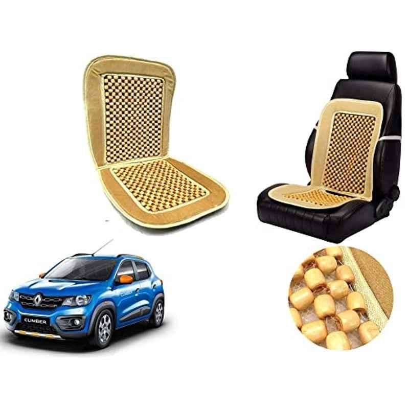 Auto Pearl PU, Velvet & Wooden Beads Beige Rectangular Seat Cushion for Renault Kwid Climber