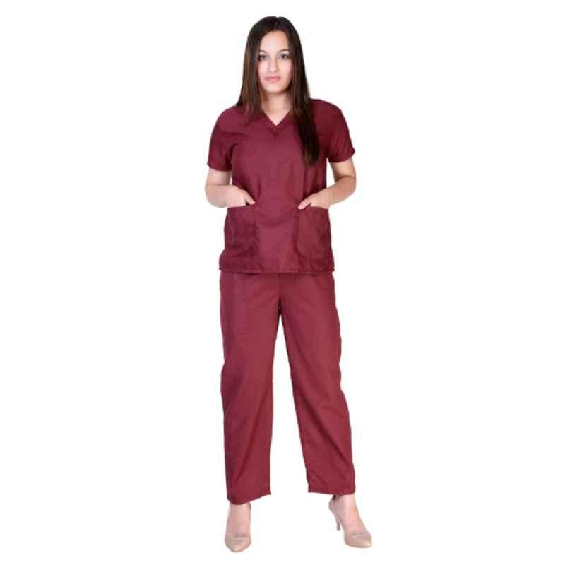 Saraf Cotton Maroon Medical V Neck Scrub Suit, Size: M, MRNSSC-M